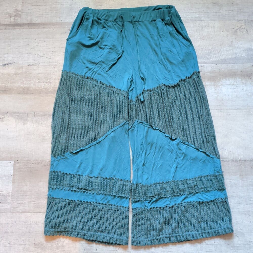 POL Boho Teal Wide Leg Pants Women's Size 1XL Crochet Inset Drawstring Waist